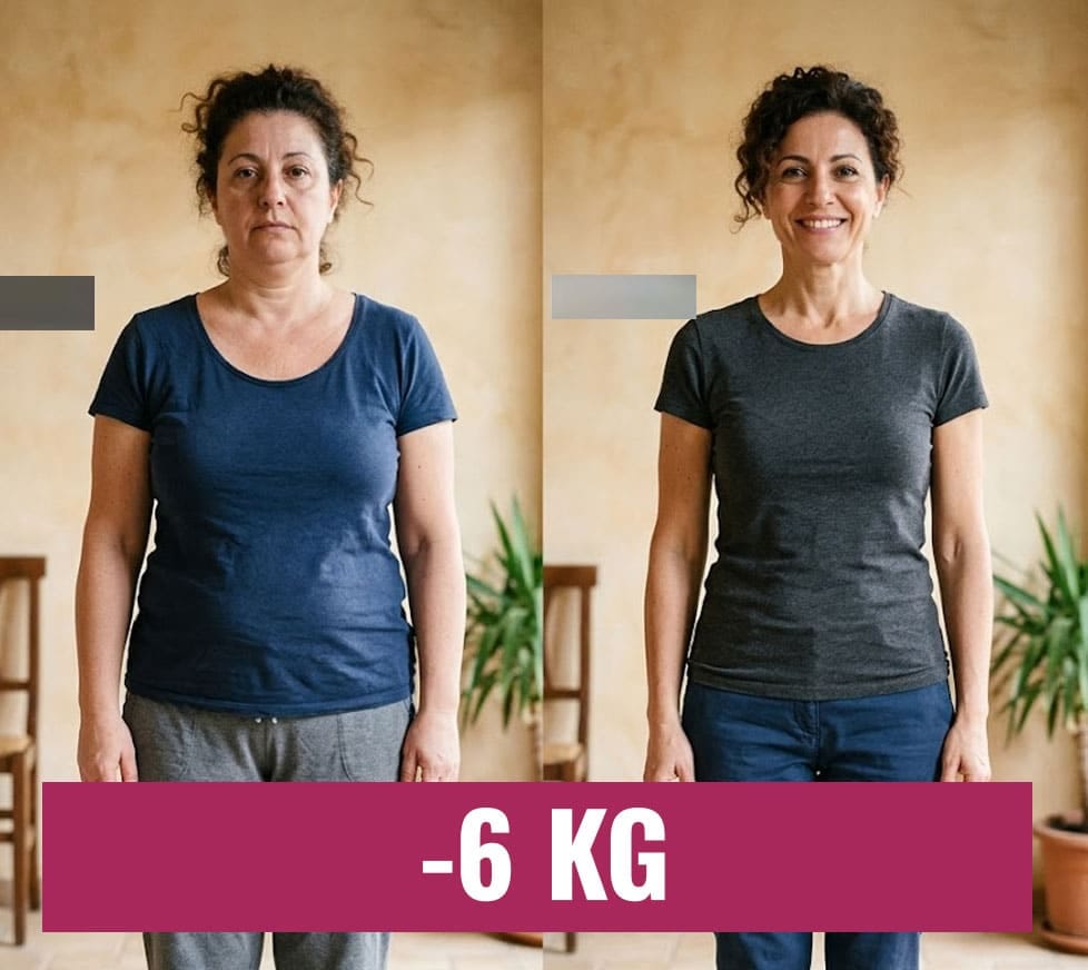 Donna prima e dopo la perdita di 6 kg, miglioramento del corpo.