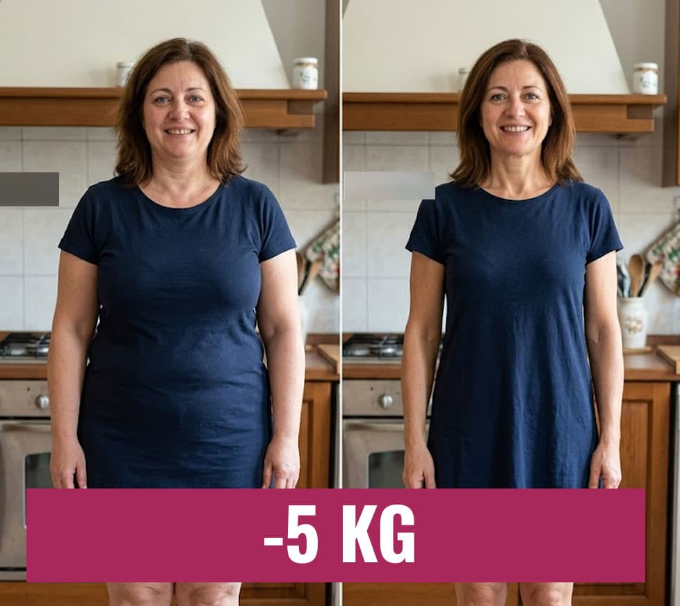 Donna felice prima e dopo la perdita di peso di 5 kg.