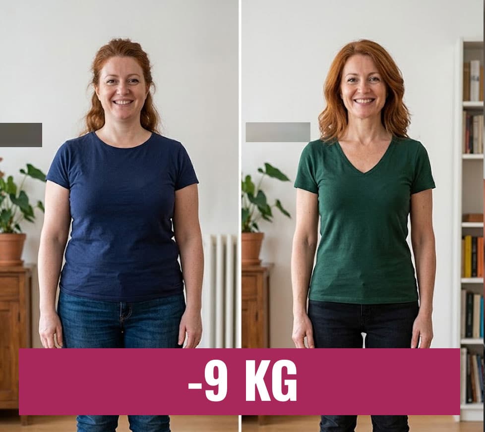 Donna felice prima e dopo la perdita di peso di 9 kg.