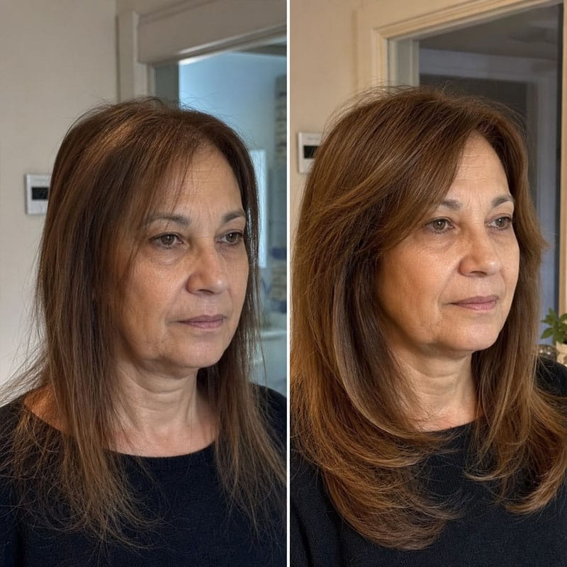 Prima e dopo trattamento tricorosmarinus sui capelli.