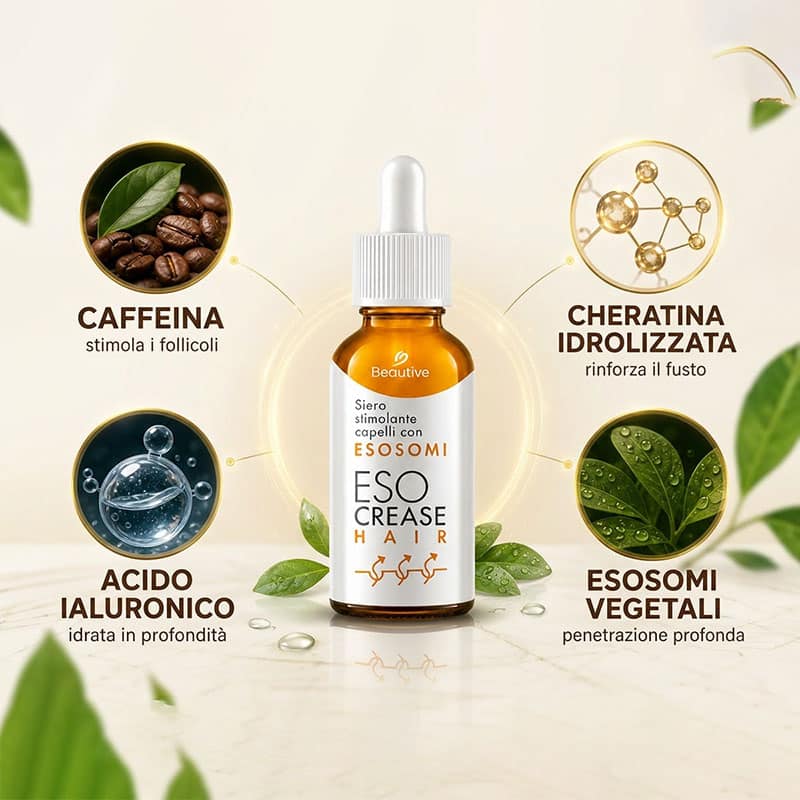 Siero per capelli Esocrease Hair con estratti naturali e acido ialuronico.
