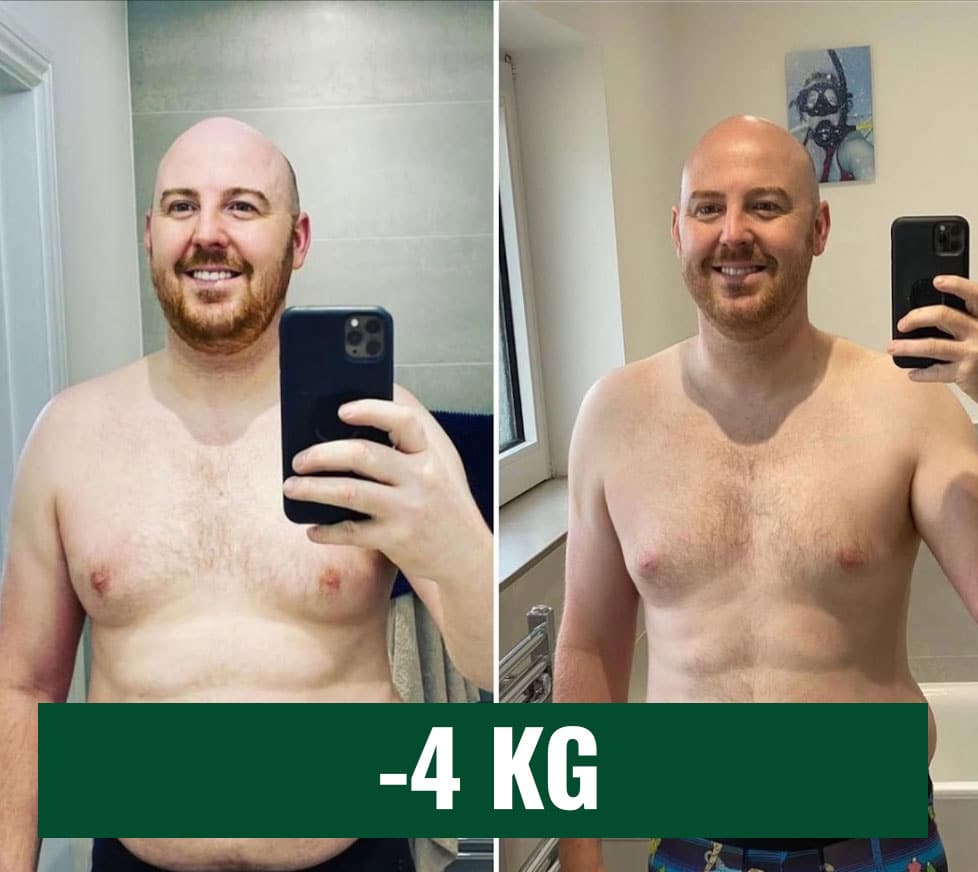 Uomo felice prima e dopo perdita di peso di 4 kg.