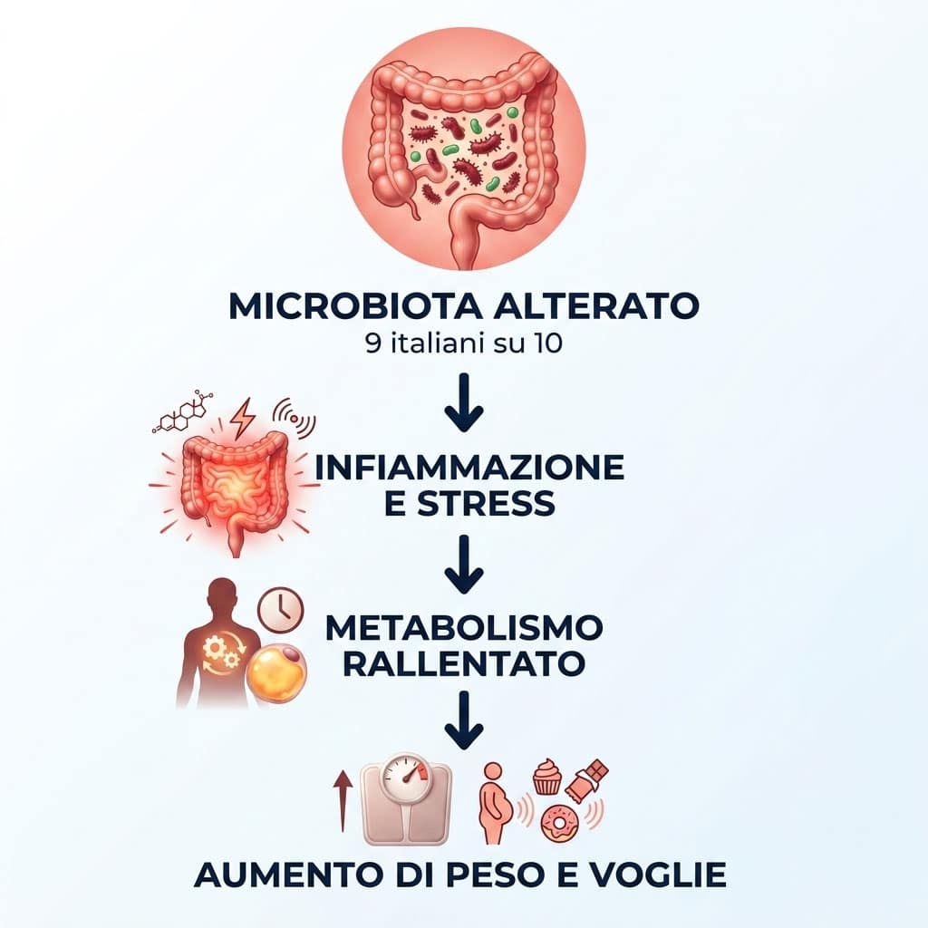 Diagramma del microbiota intestinale e effetti su infiammazione e metabolismo.