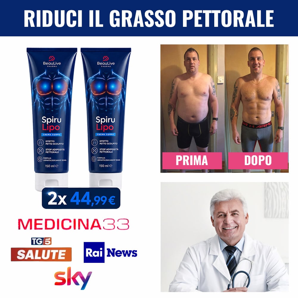 Prodotto SpiruLipo per la perdita di grasso pettorale e miglioramento fisico.