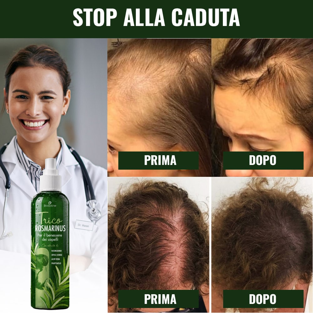 Tricorosmarinus Donna contro la caduta dei capelli, prima e dopo.