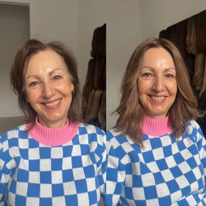 Prima e dopo trattamento di Tricorosmarinus donna per capelli più sani e lucenti.